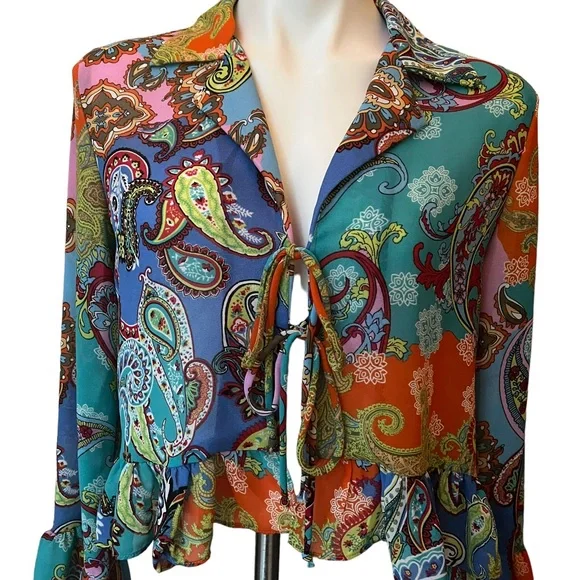 WILLOW & ROOT Mixed Paisley Print Chiffon Blouse, Sz S - Picture 11 of 13